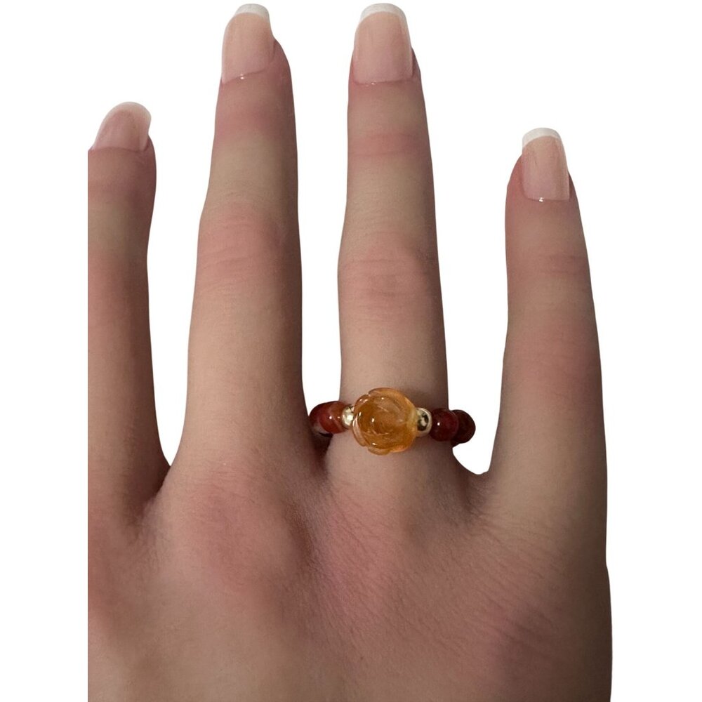 Red Agate Flower Gemstone Beads Stretch Ring with 14K Gold Bead - Picture 7 of 7